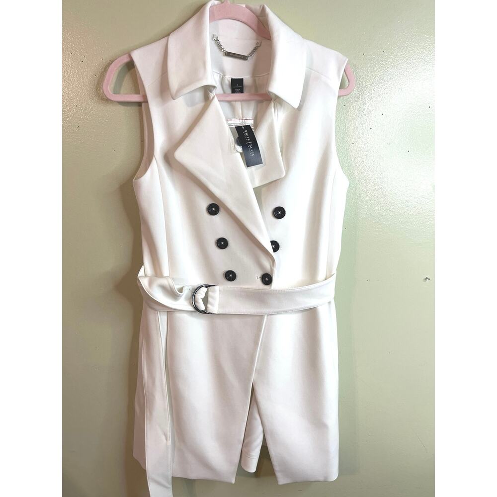 White House Black Market Sleeveless Double-Breasted Belted Topper, Ecru,Size 4